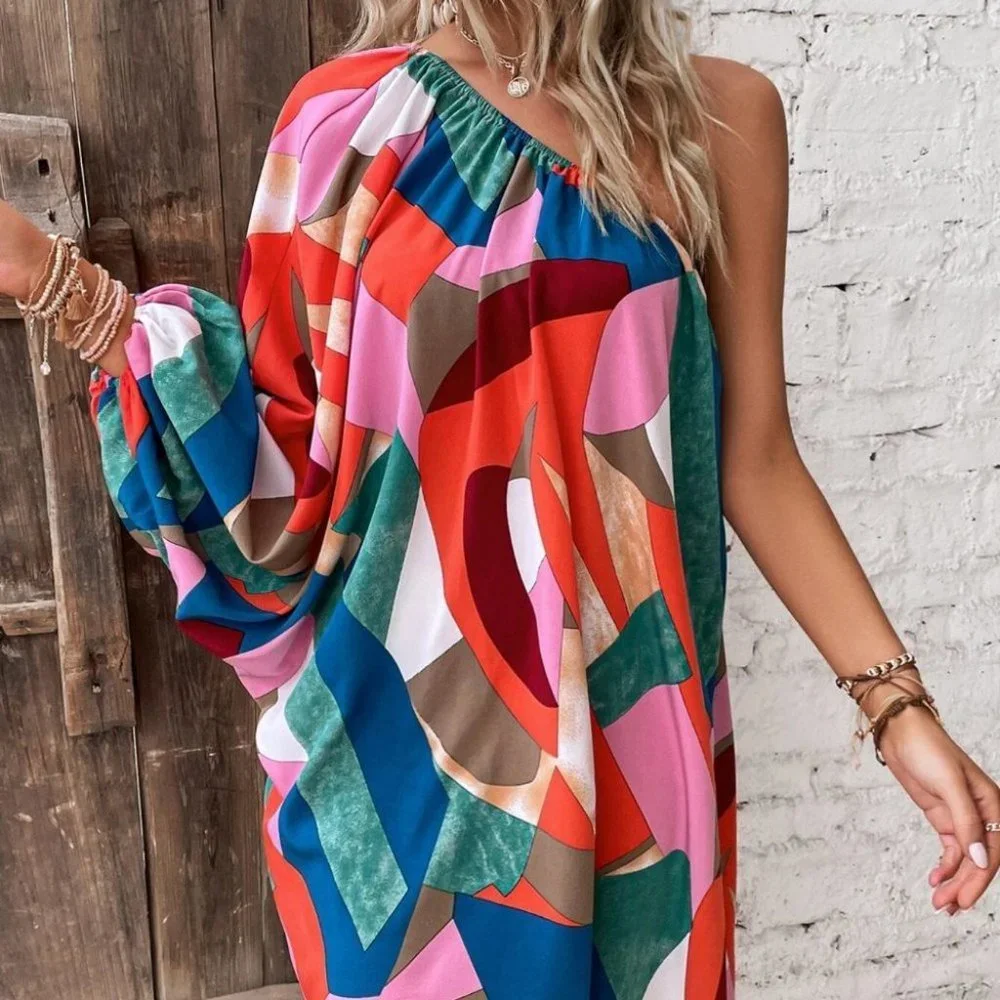 Contemporary Boho Geo Print Lantern Sleeve Asymmetrical Hem Dress - Picture 4 of 5